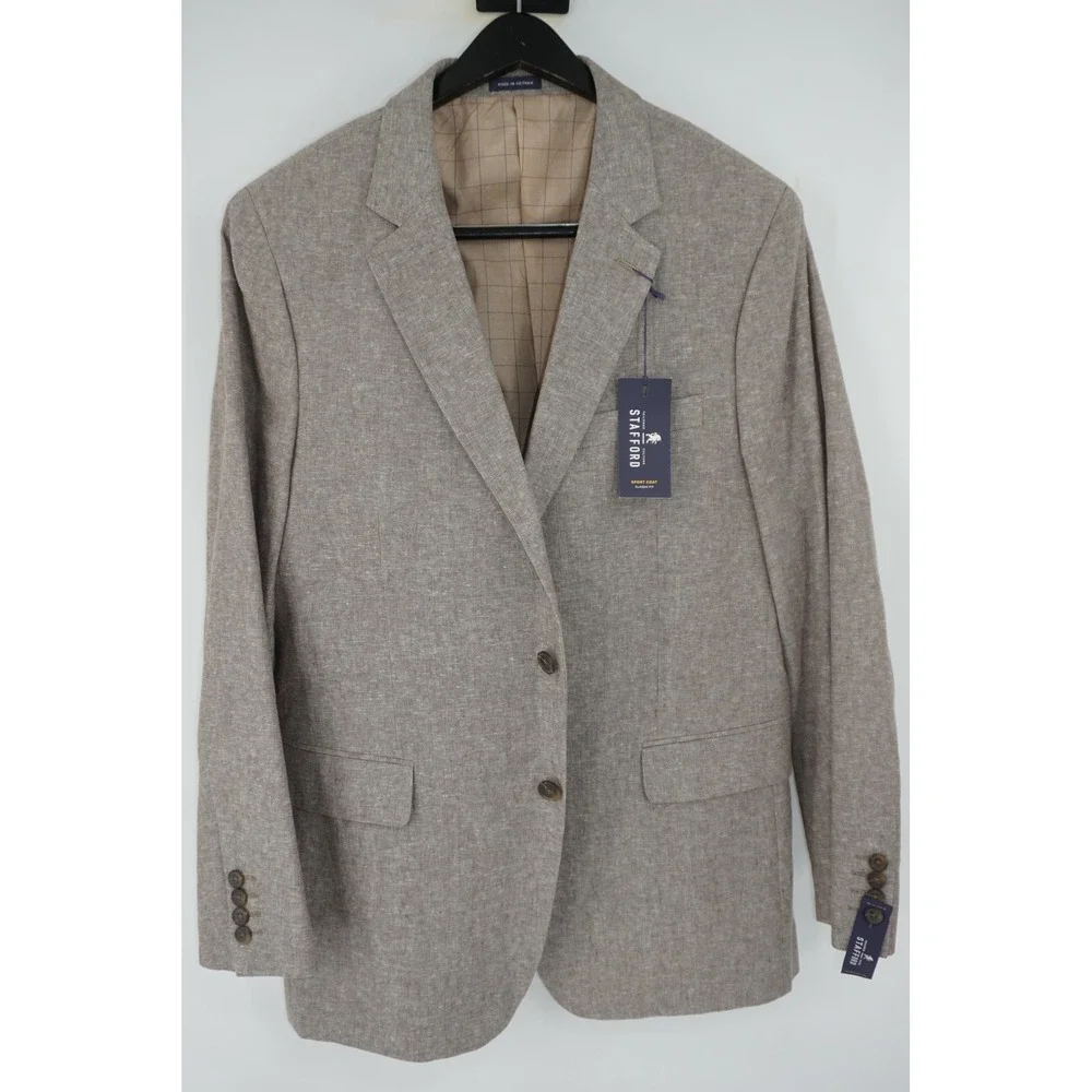 NWT Stafford Blazer Sport Coat Khaki Linen Cotton Classic Fit Men's 42R